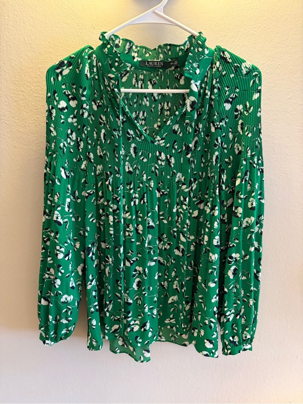 Ralph Lauren Green Floral V-Neck Long Sleeve Blouse with Ruffle Collar